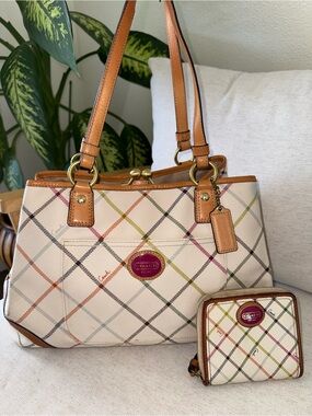 Coach Peyton Tattersall Kisslock Plaid Leather Neutral Tote Wallet Set #F23075